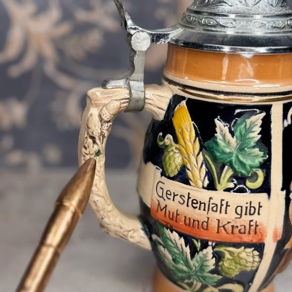 Vintage West German Beer Stein Pewter Lid Tavern Scene Relief Breweriana